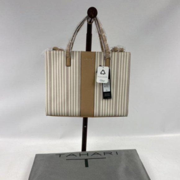 Tahari Womens Sand/Gray Striped Vegan Leather Double Handle Satchel Tote Handbag - Picture 1 of 6